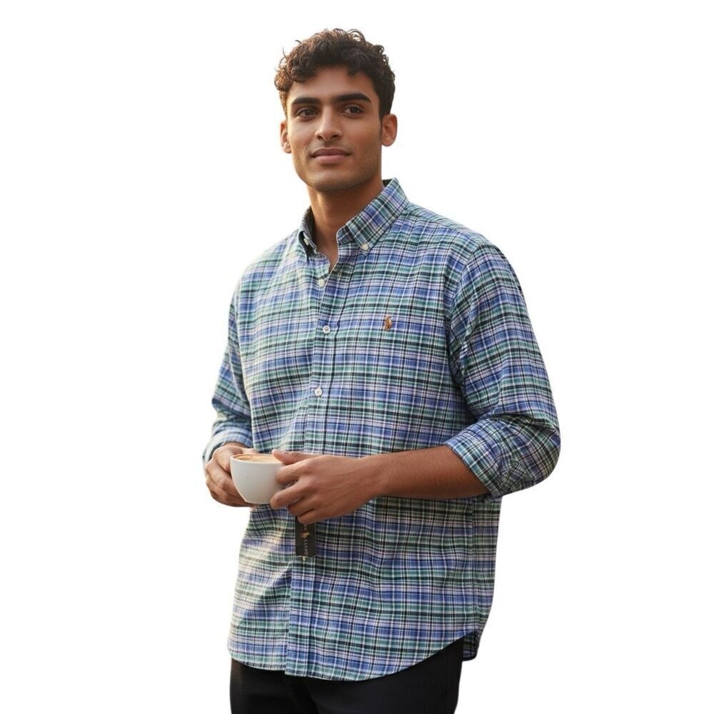 Ralph Lauren Men's Size M Long Sleeve Classic Plaid Dress Shirt Blue Green NWT